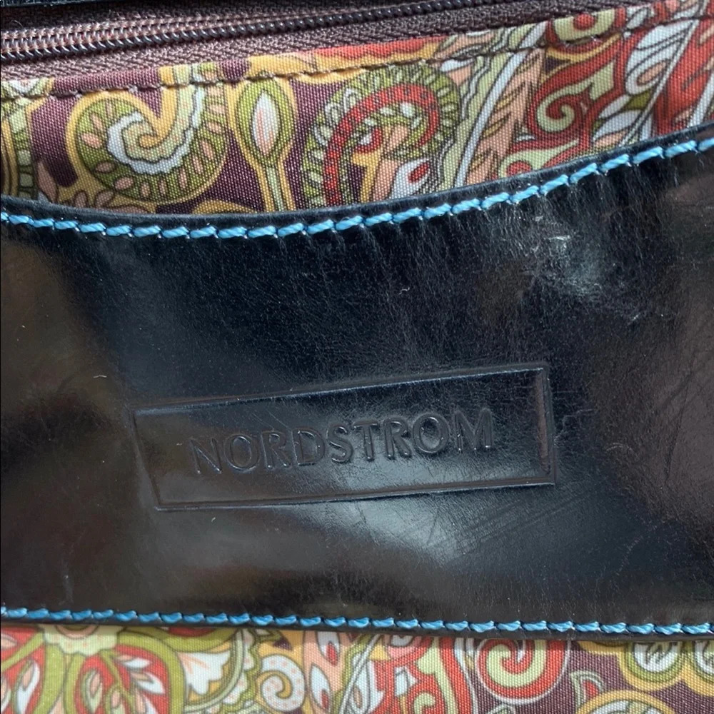 Nordstrom Black Leather Blue Stitching Casual Tote Bag Paisley Lining Lg Pockets - Picture 2 of 14